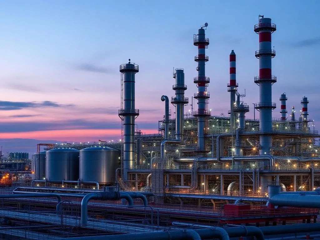 Oil and gas refinery with pressure filtration vessels and pipelines at dusk